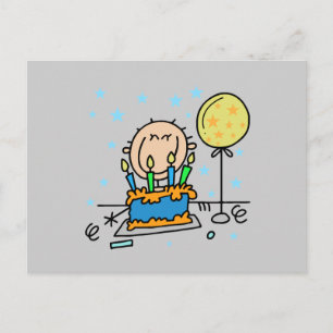 Stick figuur jongen met verjaardagstaart geschenke briefkaart