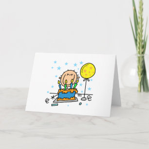 Stick figuur jongen met verjaardagstaart geschenke kaart