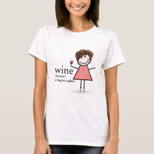 Stick figuur meisje met rode wijn glas t-shirt