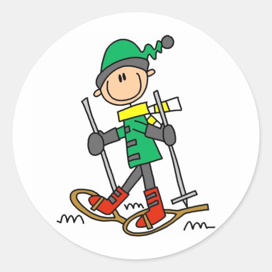 Stick figuur sneeuwschoen ronde sticker (Voorkant)