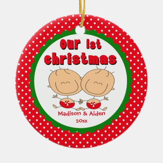 Stick Figuur Twins Baby's First Kerstversiering Keramisch Ornament (Voorkant)