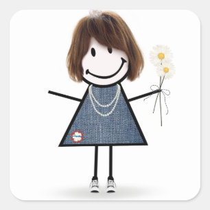 Stick Girl in Blue Jean Dress Vierkante Sticker