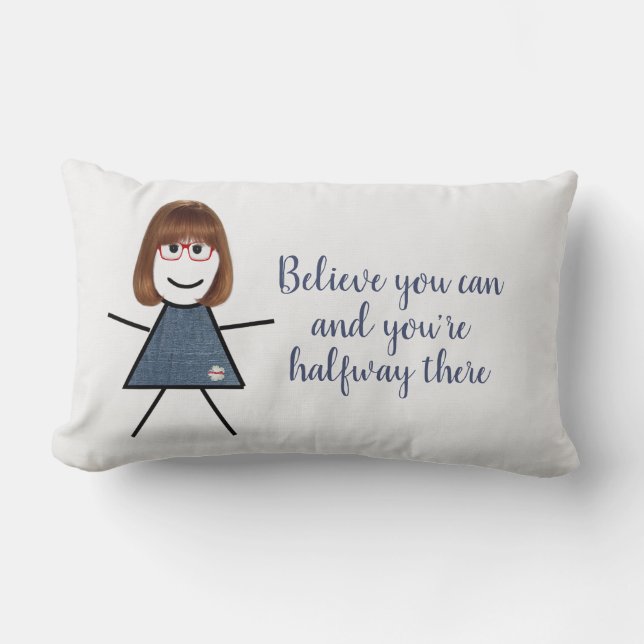 Stick Girl in Denim Dress met Quote Kussen (Voorkant)