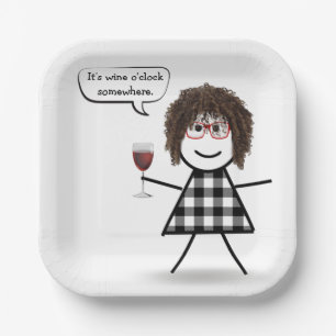 Stick Girl met Red Wine Party Humor Papieren Bordje