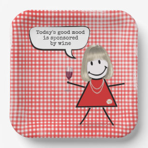 Stick Girl met wijnglas op gingham Papieren Bordje