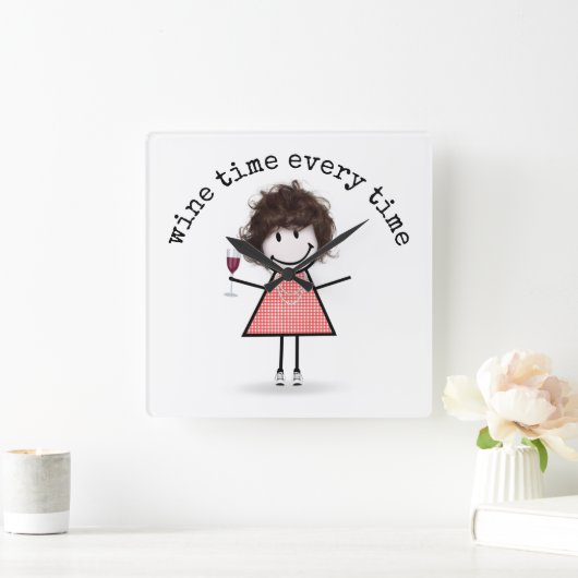 Stick Girl met wijnglas Vierkante Klok (Huis)