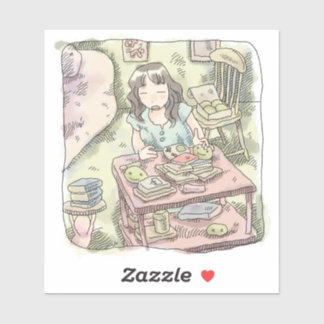 STICKER さないやじ 散らかったお部屋の雑貨の置いてある棚を片付ける女性のイラスト