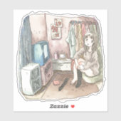 STICKER さやしくじ 衣類のかけてある部屋の座椅子に座ってテレビを見ながら靴下をはいている女性のイラスト (Feuille)