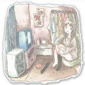 STICKER さやしくじ 衣類のかけてある部屋の座椅子に座ってテレビを見ながら靴下をはいている女性のイラスト (Devant)