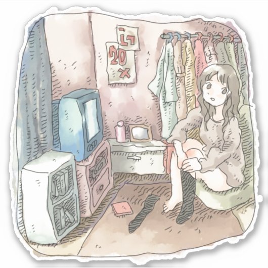 STICKER さやしくじ 衣類のかけてある部屋の座椅子に座ってテレビを見ながら靴下をはいている女性のイラスト (Devant)