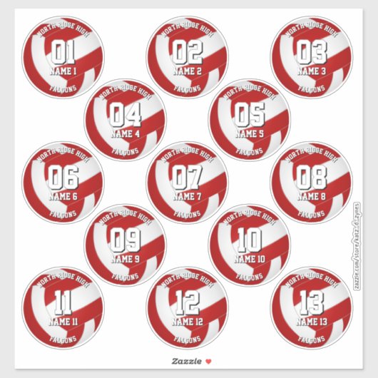 Sticker 13 joueurs de volley-ball rouge blanc (Feuille)
