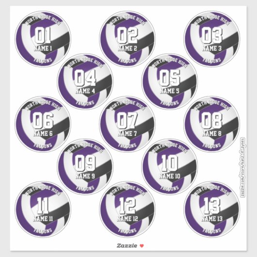 Sticker 13 joueurs de volley-ball violet noir couleurs (Feuille)