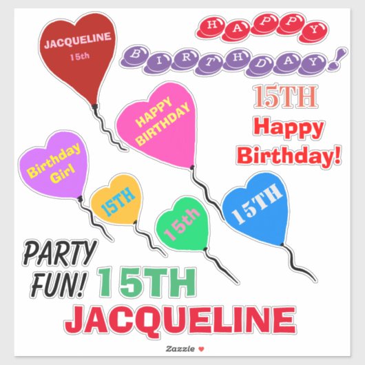 Sticker 15e Anniversaire Ballons Coeurs Personnalisés Viny (Feuille)