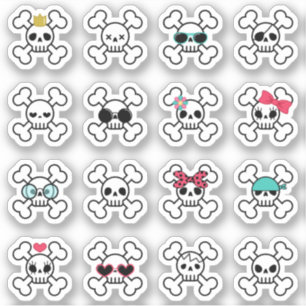 Sticker 16 Crânes de dessin mignons et Cool croisés os