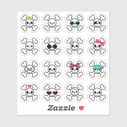 Sticker 16 Crânes de dessin mignons et Cool croisés os (Feuille)