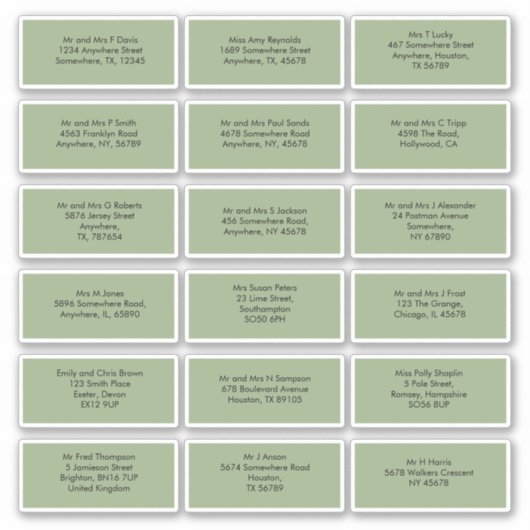 Sticker 18 Noms Individuels Adresses Sage Green (Devant)