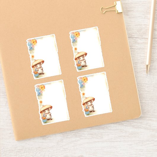 Sticker 1 Souris avec parapluie bleu orange fleurs roses (Carnet)
