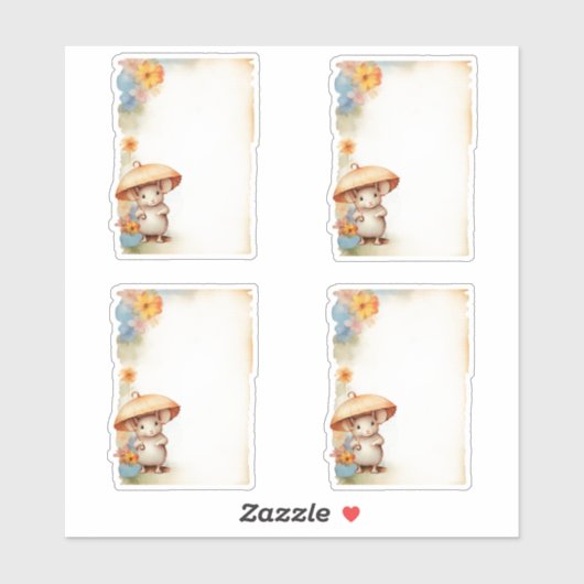 Sticker 1 Souris avec parapluie bleu orange fleurs roses (Feuille)