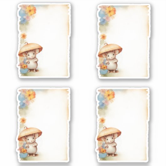 Sticker 1 Souris avec parapluie bleu orange fleurs roses (Devant)