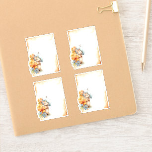 Sticker 1 Souris avec parapluie bleu orange fleurs roses
