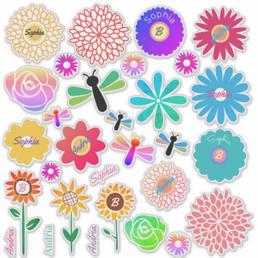 Sticker 30 Fleurs, libellules, do-it-yourself noms et init (Devant)