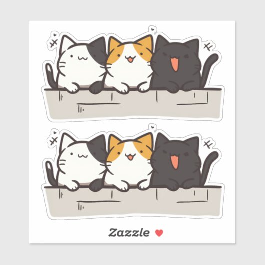 Sticker 3 Cute Happy Kawaii Chibi Chats (Feuille)