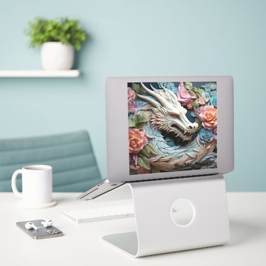 Sticker 3D Dragon and Flowers Custom-Cut Vinyl (Ordinateur portable sur le bureau)