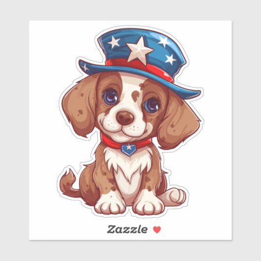 Sticker 4 juillet Chiot mignon avec Casquette américain-71 (Feuille)