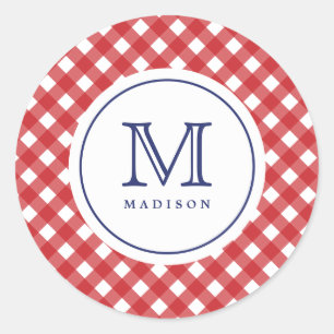 Sticker 4 juillet Red Checks Blue Monogram Party