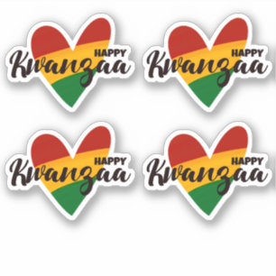 Sticker 4 x Joyeux Kwanzaa Rouge Jaune Vert Coeurs rayés