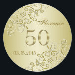 Sticker 50th Birthday tourbillons floraux dorés<br><div class="desc">Tourbillons floraux et feuilles sur un chevalet d'arrière - plan à gradient doré 50e anniversaire</div>