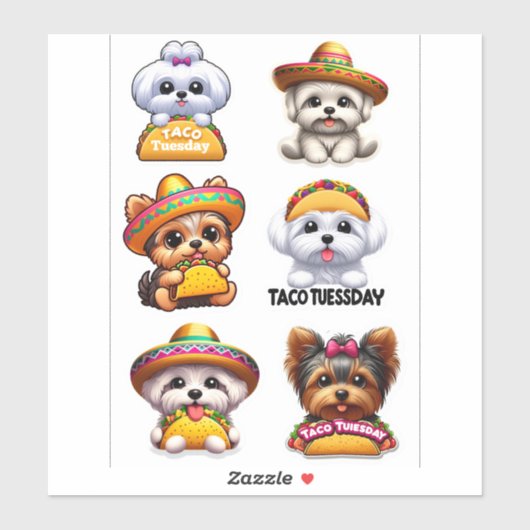 Sticker 6 Cute Taco Mardi Chiots (Feuille)