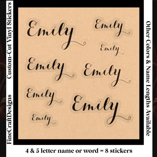 Sticker 8 Custom Name Word, 4-5 letters Elegant Script Blk