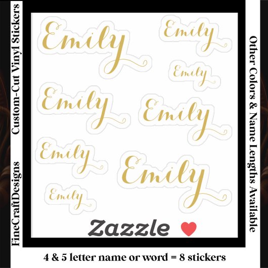 Sticker 8 Custom Name Word, 4-5 letters Elegant Script Gld