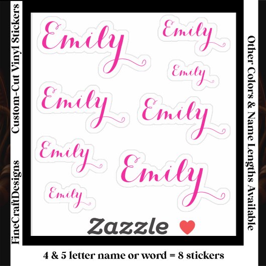 Sticker 8 Custom Name Word, 4-5 letters Elegant Script Pnk