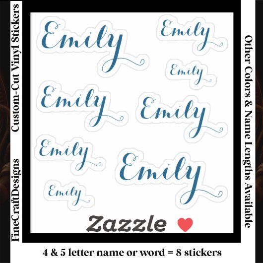 Sticker 8 Custom Name Word, 4-5 letters Elegant Script Tel