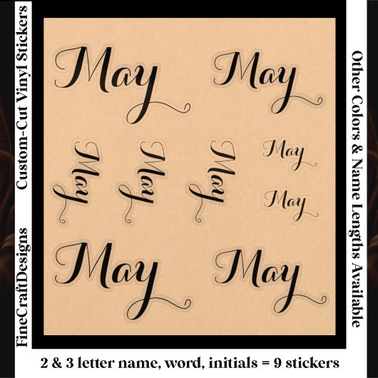Sticker 9 Custom Name Word, 2-3 letters Elegant Script Blk