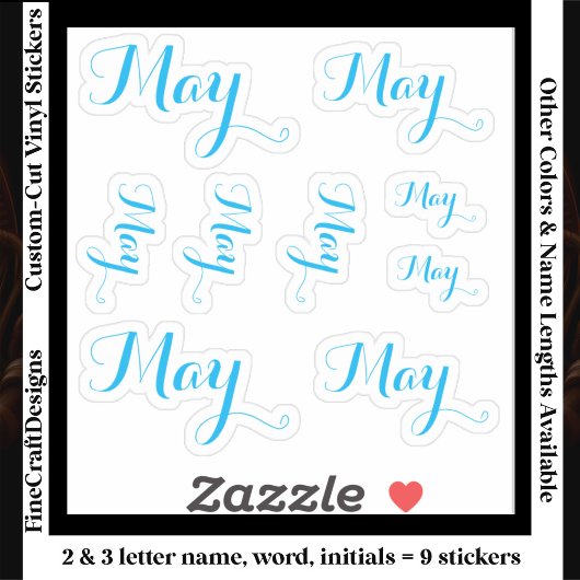 Sticker 9 Custom Name Word, 2-3 letters Elegant Script Blu