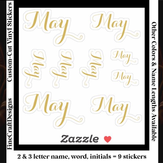 Sticker 9 Custom Name Word, 2-3 letters Elegant Script Gld