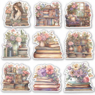 Sticker 9 Floral Vintage Livres pastel Aquarelles autocoll