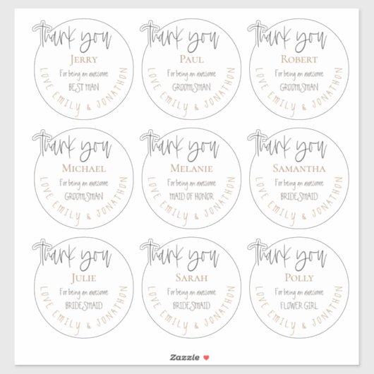 Sticker 9 Noms individuels Merci Mariage de message blanc (Feuille)