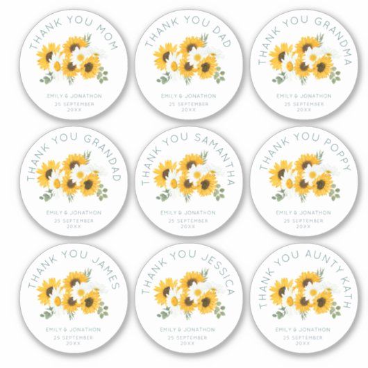 Sticker 9 Petit Nom individuel Merci Mariage Sunflower (Devant)