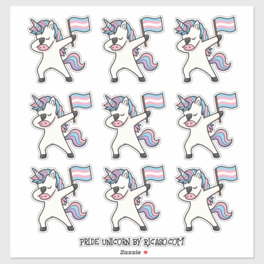 Sticker 9 Unicornes à tige trans avec drapeau (Feuille)