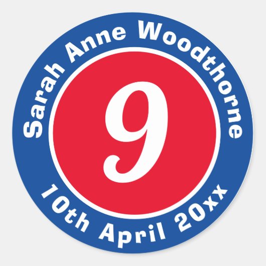 Sticker 9e anniversaire avec nom et date (Devant)