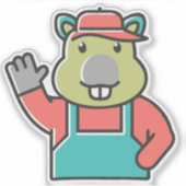 Sticker A Cartoon Funny Red Beaver Waves Left Hand. (Devant)