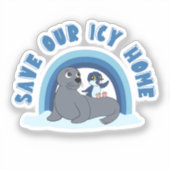 Sticker A seal and a penguin "Save Our Icy World" cartoon (Recto)