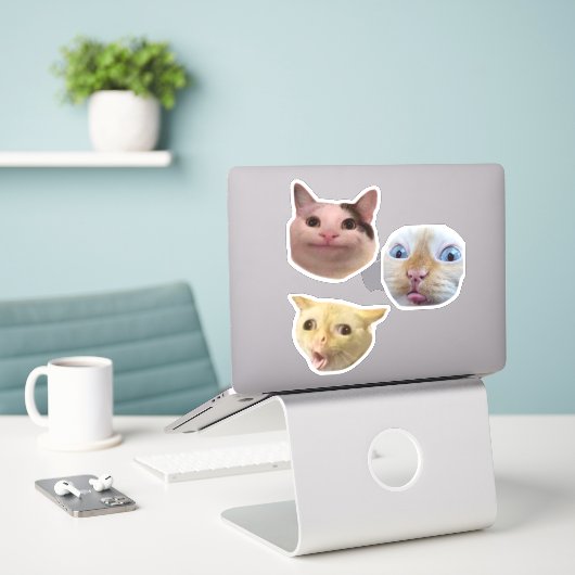 Sticker à visage de chat mème drôle (Ordinateur portable sur le bureau)