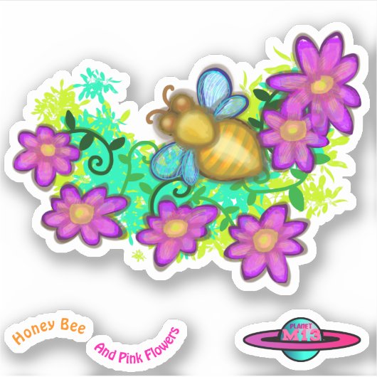 Sticker Abeille De Miel Et Fleurs Roses (Devant)
