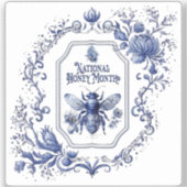 Sticker Abeille et fleurs de miel bleu Delft (Recto)