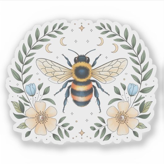 Sticker Abeille et fleurs Vinyle céleste (Devant)